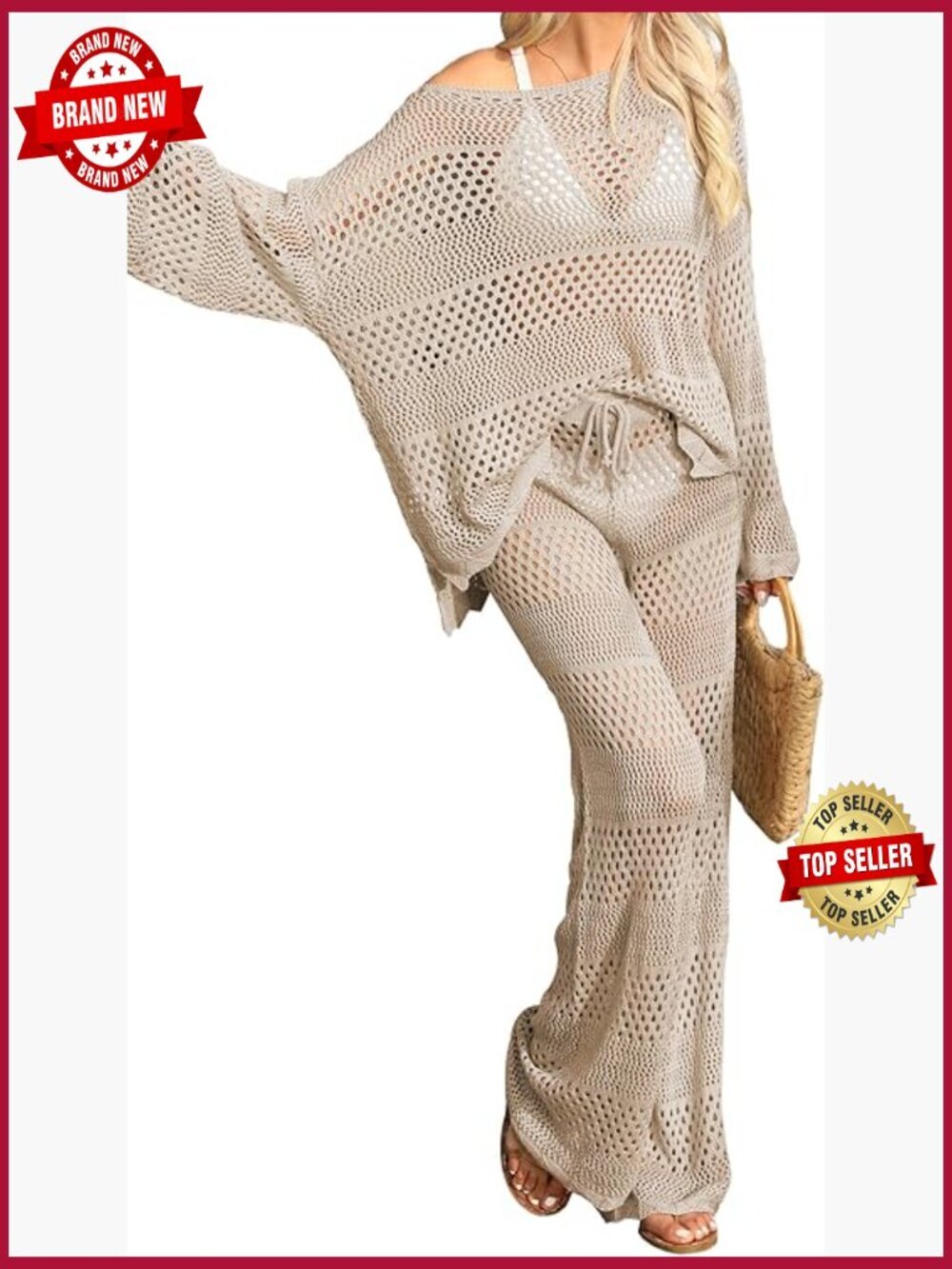 2 Piece Crochet Cover Up Set Long Sleeve Top and Wide Leg Pants